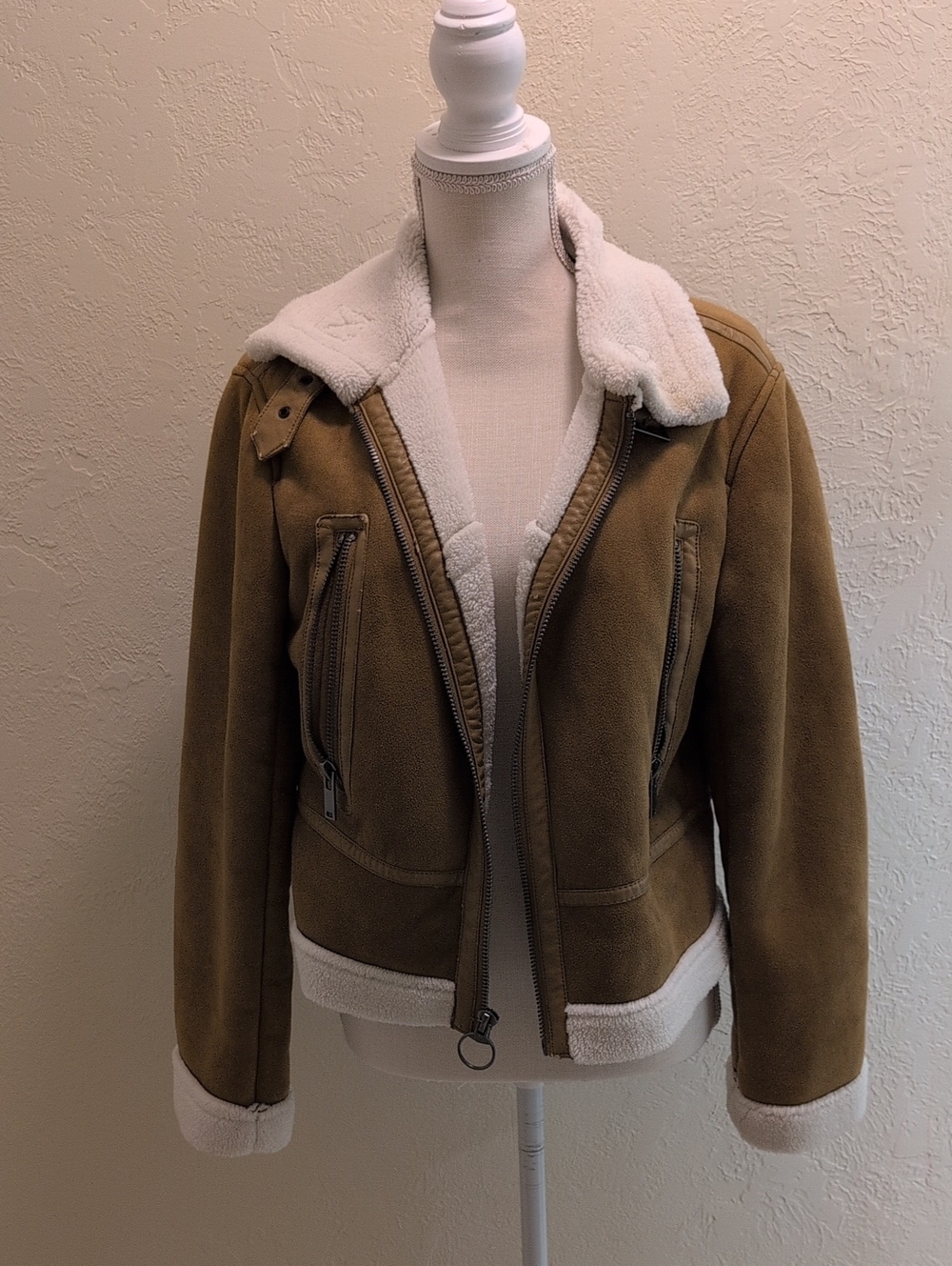 Women's Tan Sherpa-Lined Aviator Jacket